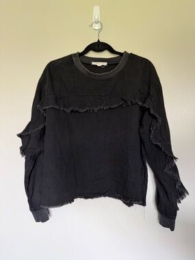 Two by Vince Camuto Black Washed Fringe Crewneck Pullover